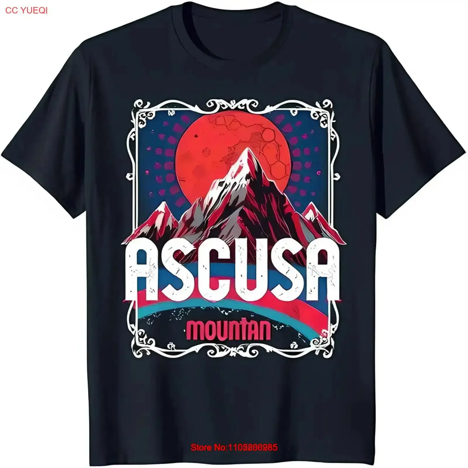 تي شيرت أسود أنيق مع ريترو ماونتن رينج ريد صن تصميم عتيق مغسول ملابس الشارع ممتدة ومسامية ومريحة