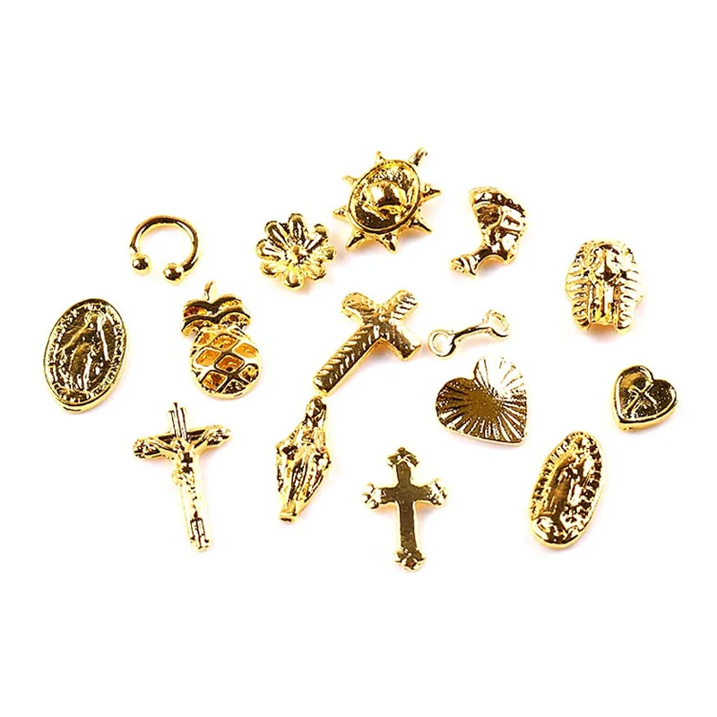 dijes para uñas cruces para uñas virgen de guadalupe charms for nails 3D aleación de oro Jesús corazón Cruz diosa serie uñas dijes de Metal flor