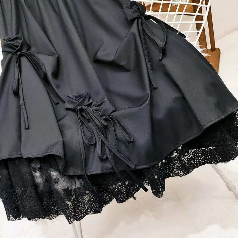 Japanese beautiful girl skirt loli dark skirt high waist bow heavy industry splicing lace A word medium and long skirt