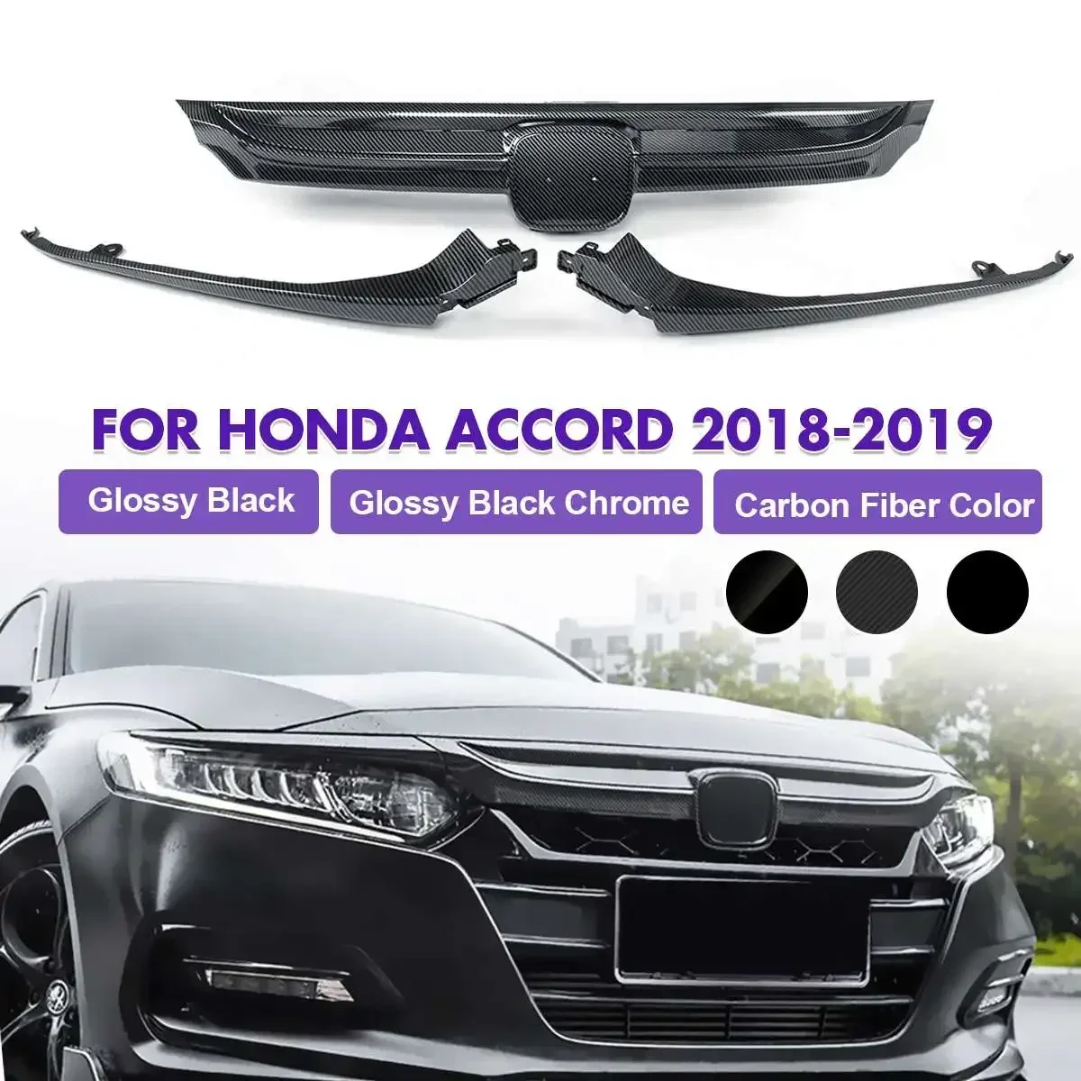 

Carbon Fiber Color Car Front Bumper Hood Grille Racing Grills ABS Cover Trim For Honda Accord 4 door Sedan 2018-2019 All Models