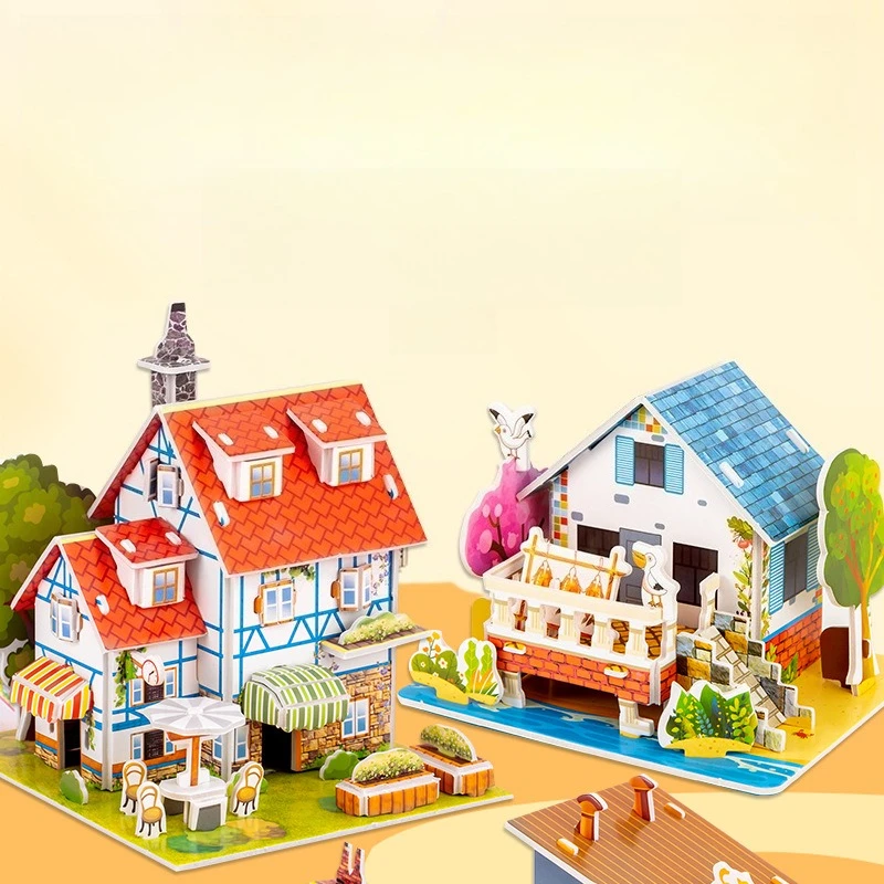 Paper 3d three-dimensional puzzle cartoon mini building cabin model children handmade DIY children's assembly card toy gift