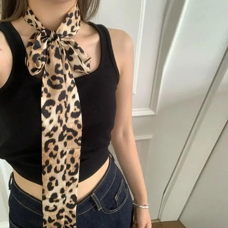 Multi Functional Ribbon Scarf Leopard Pattern Long Skinny Neckerchief Headband for Ladies Neck Hair and Waist Styling
