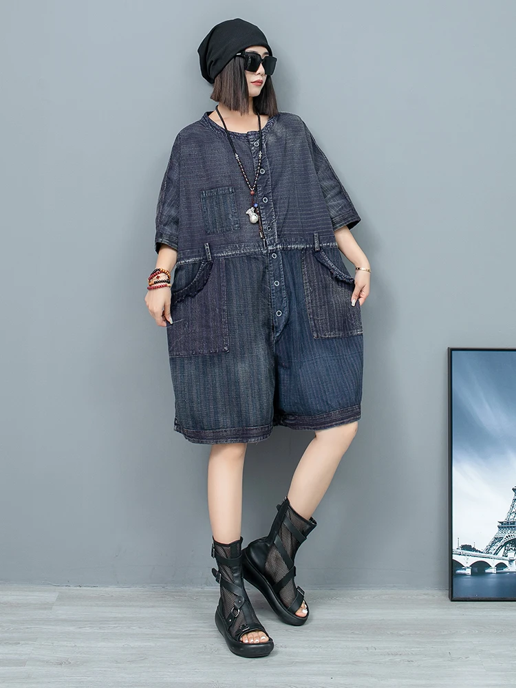 Women's Summer Retro Distressed Old Cloth Stitching Simple Casual Short-sleeved Jumpsuit Loose Streetwear Straight-leg Playsuits