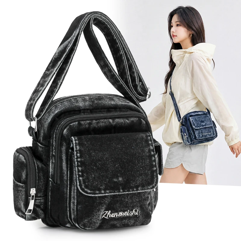 Fashion Solid Color Denim Shoulder Bag Women Lightweight Crossbody Purse with Adjustable Strap Ladies Daily Commuter School Tote