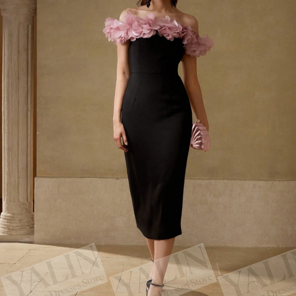 

Women's Straight Evening Dresses Tea-length Off The Shoulder Sleeveless Prom Gown Simple Fashion Flowers Customized Gowns