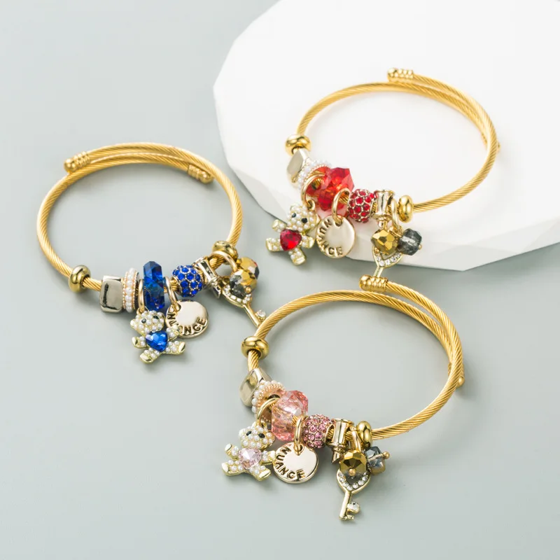 

Hot sale cute little bear charm bracelet stainless steel gold plated DIY pendant bangle bracelet for women