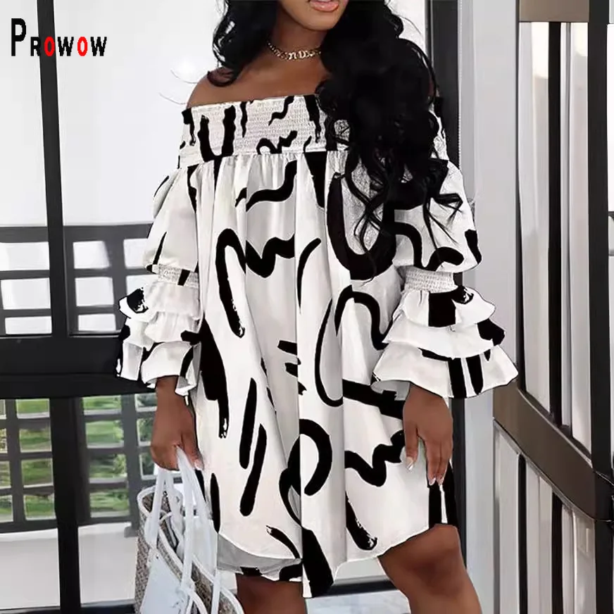 Prowow Fashion Print damska prosta, luźna sukienka w stylu seksowna bez ramion z rękawami z falbankami letnia odzież damska Streetwear