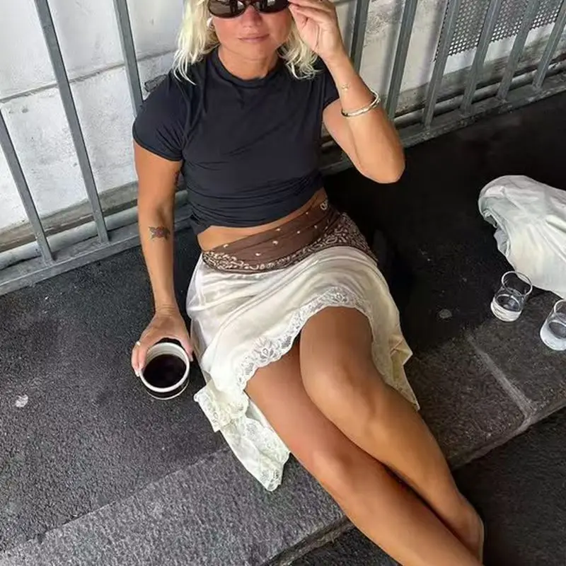 

Combhasaki Women's Summer Elegant Floral Lace Hemmed Patchwork Satin Silk Midi Skirts Y2k Elastic High Rise A-line Underskirts