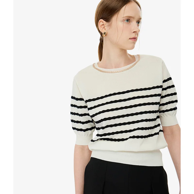 

Легкий вязаный топ Ele с отделкой Gold Tead Wave Stripes Medium Sve round Ne Thin Summer Women's Faion