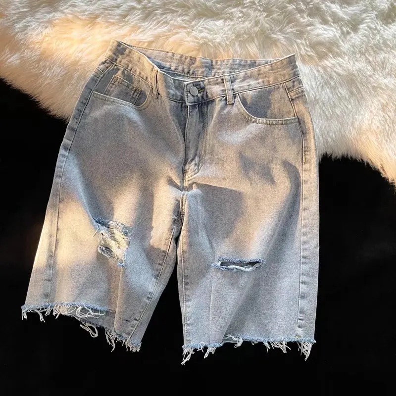 

Мужские летние тонкие джинсовые шорты с рваными краями, повседневные, винтажные, прямого кроя, с эффектом потертости, на эластичной резинке, для активного отдыха, средней длины