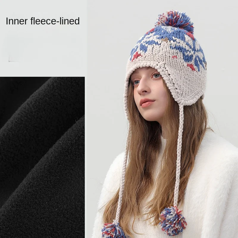 USPOP Autumn Winter  Women Beanie Hats with pom poms Jacquard  Lace-up Knitted Hat Warm Thickened Beanies with Earmuffs