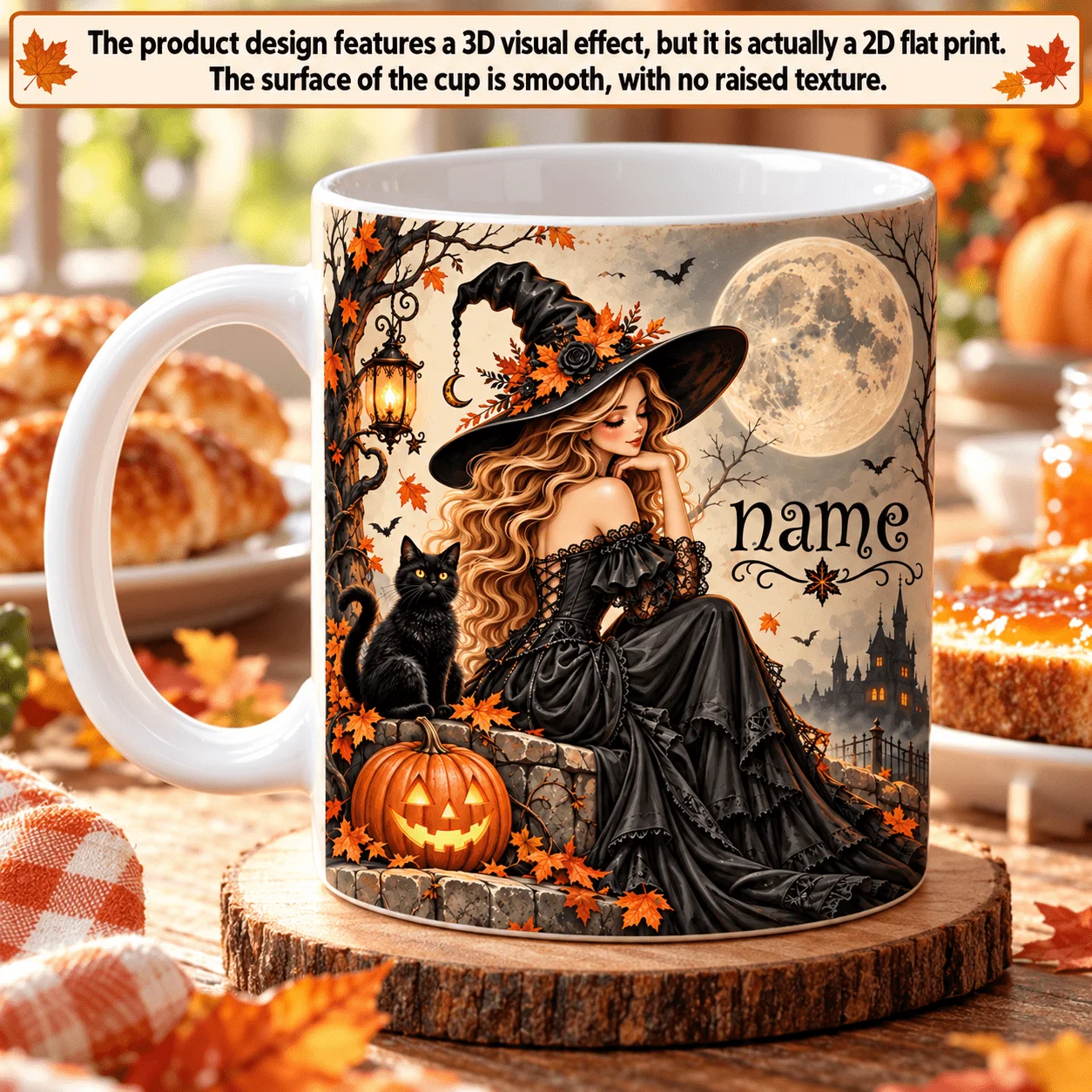 2D Flat Printing 1pc 11oz Personalized Name Witch Pumpkin Mug, Halloween Birthday, Living Room Home, Bestie, Hand Wash Only