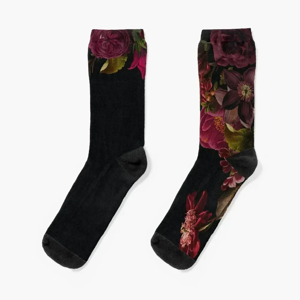

Antique dark red roses and other flowers on black Socks Hiking boots essential funny gift Luxury Woman Socks Men's