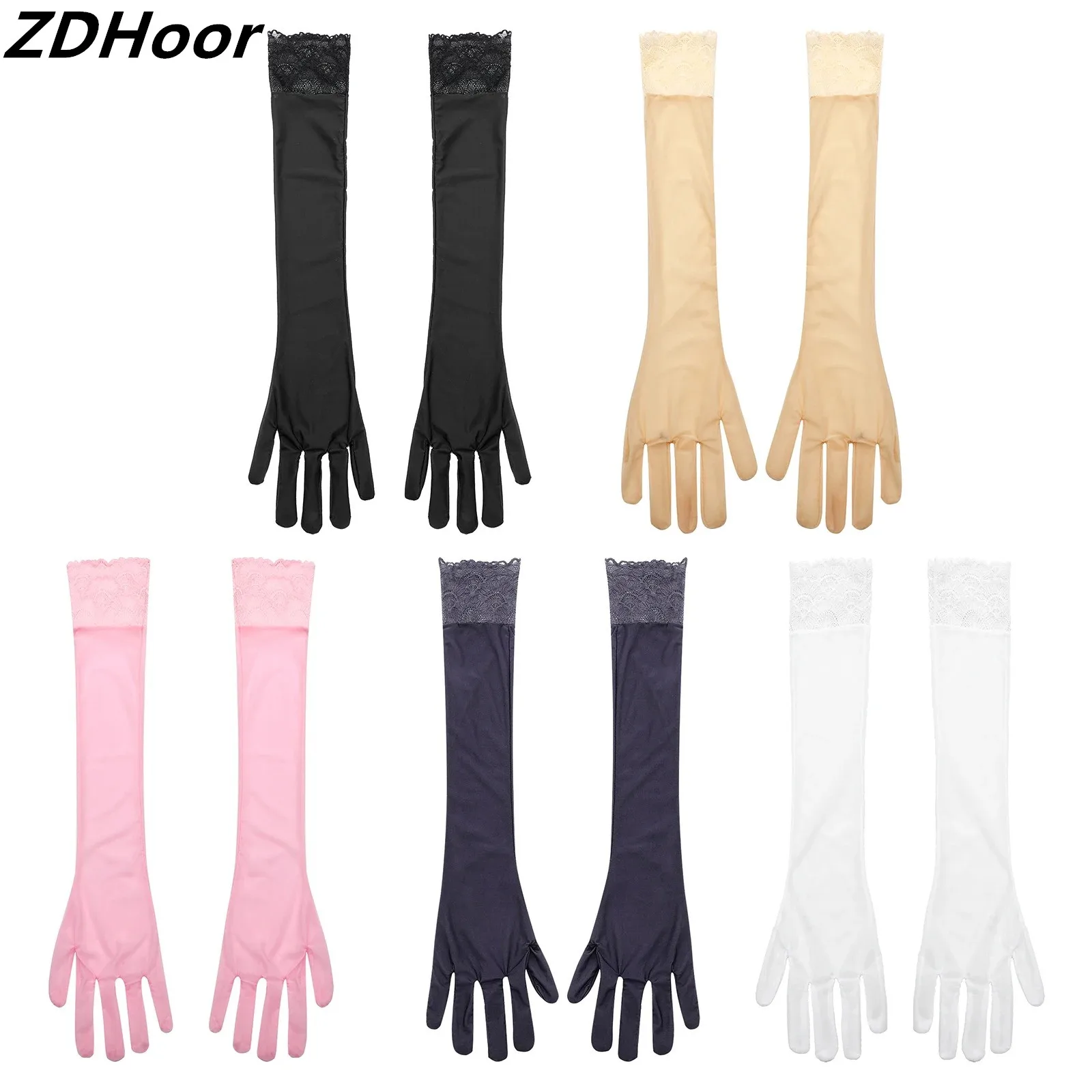 1 Pair Glossy Silky Gloves Anti-slip Lace Openings Over Elbow Length Ultra-thin Gloves Evening Party Costumes Accessories