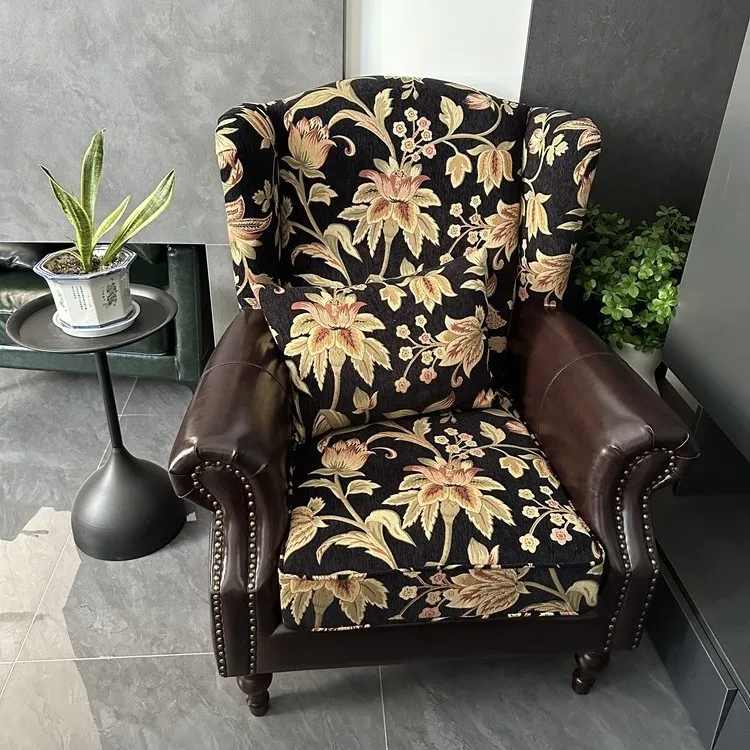 #Flower Tiger Chair French Retro Style Genuine Leather Stitching High Back Casual Living Room Single Sofa Handrail Home Furnitur