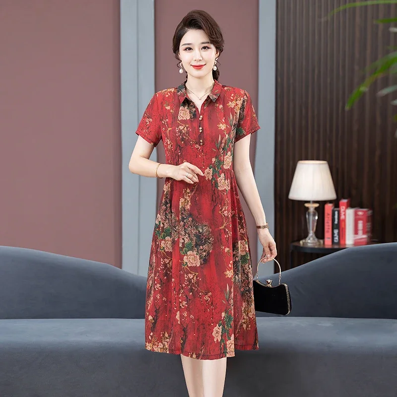Damen-Midikleid mit Blumenmuster und POLO-Kragen, Frühling und Sommer, lockeres A-Linien-Swing-Kleid