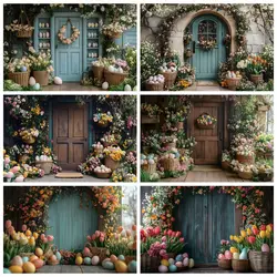 Easter Day Photography Backdrop Spring Floral Shop Eggs Wood Door Kid Birthday Portrait Indoor Decor Photo Background Photobooth
