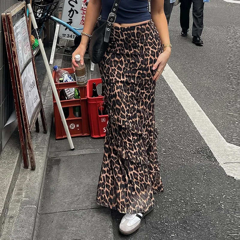 DSMTRC Summer Female High Y2K Streetwear Mesh Long Skirts Leopard Print Maxi Skirt Sexy Hip Package High Waist Party Club Skirts