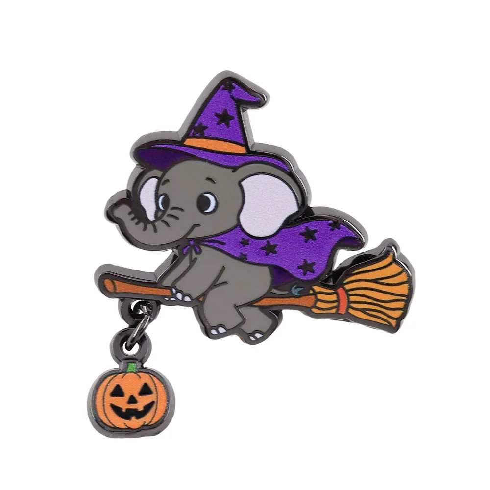 Niedliche Hexen-Elefanten-Emaille-Pin Kürbis-Besen-Brosche für Rucksack Kleidung Halloween-Party Geschenk Abzeichen Accessoire – Detail 1