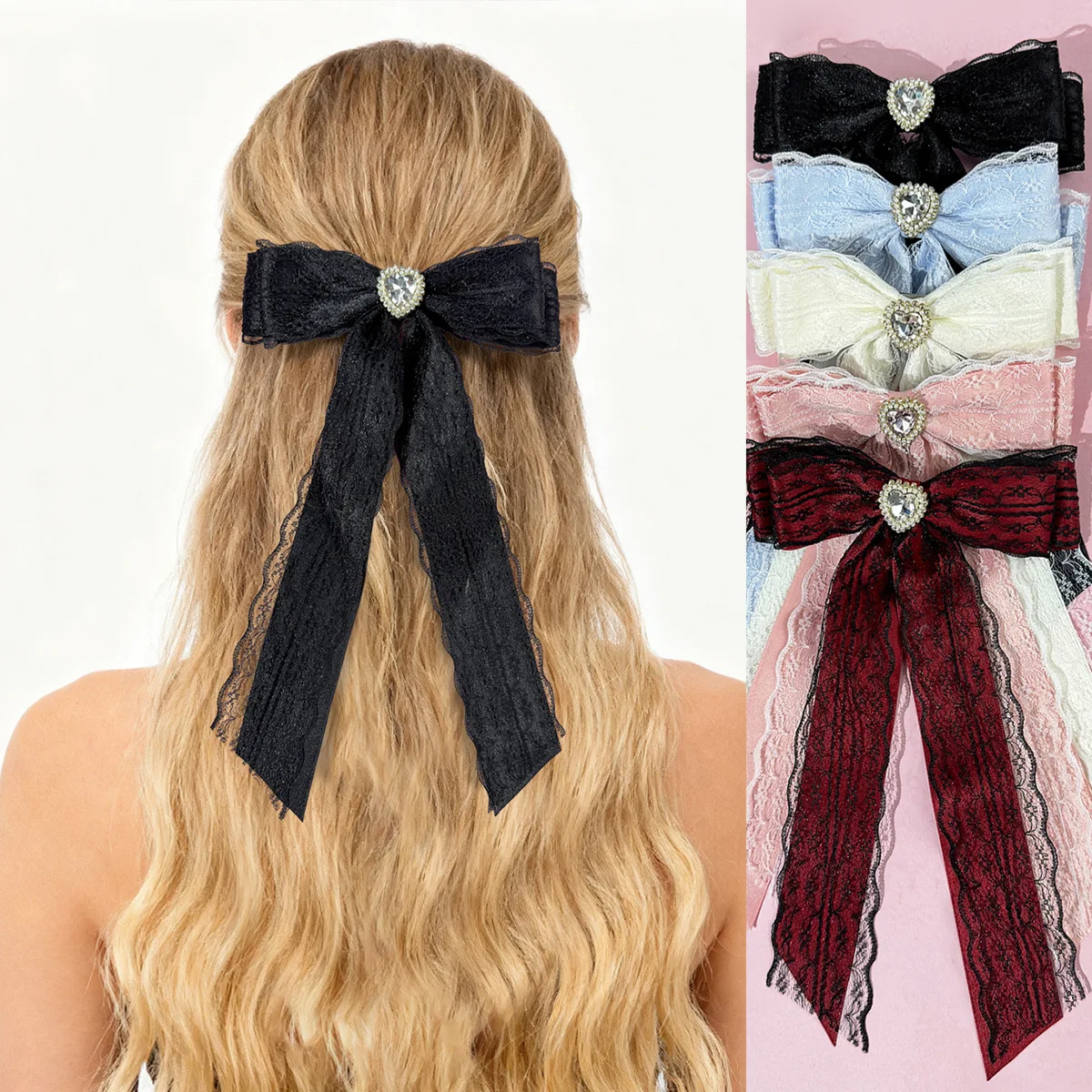 

20pc Gothic Rhinestone Heart Embroidered Bow Hair Clips with Long Tassel for Women And Girls Lace Ribbon Side Hairgrips Headwear