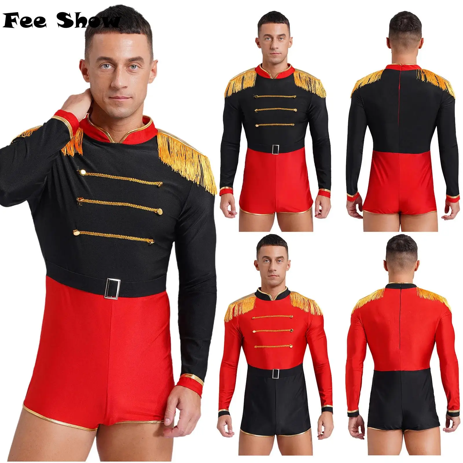 Mens Halloween Circus Ringmaster Cosplay Costumes Fringe Shoulder Boards Gold Decorated Contrast Shorts Jumpsuit Rompers