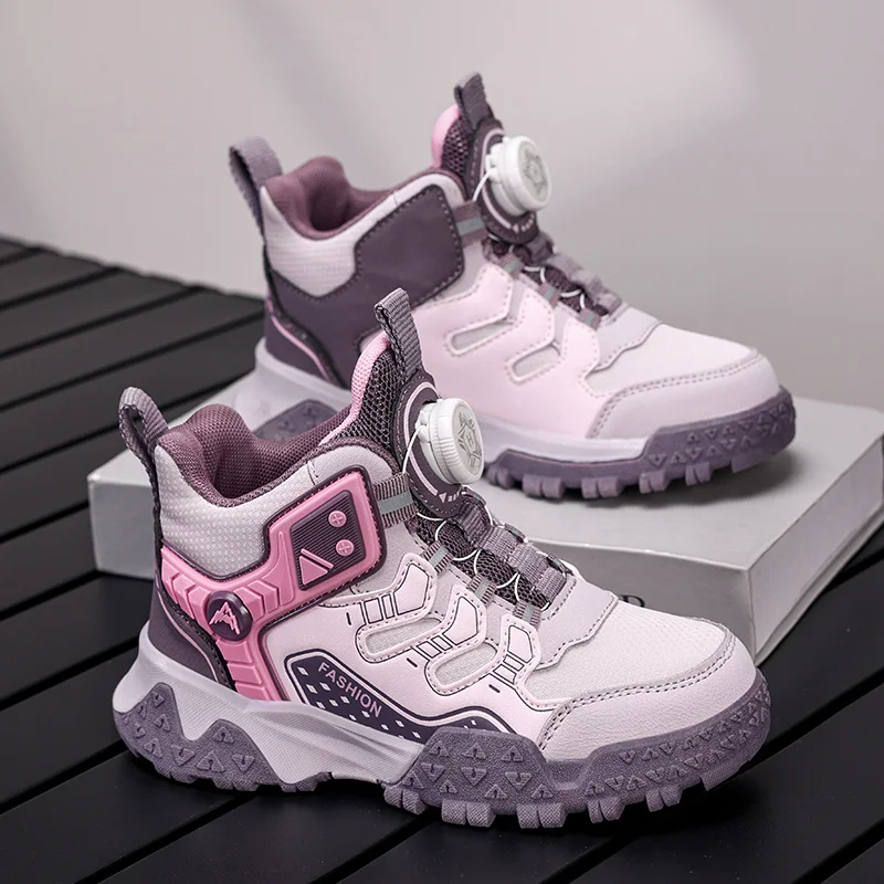 Kids Hiking Shoes Boys Girls Sneakers Rotary Buckle Non-Slip Breathable Mesh Anti-Collision Thick Sole Fashion Outdoor Shoes