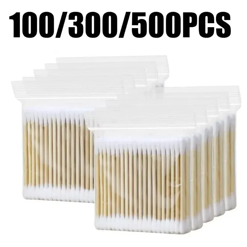 100/300/500PCS Bamboo Wood Stick Cotton Swabs Nose Ear Cleaning Cotton Swabs Double Headed Wipe Makeup Removal Cleaning Tools