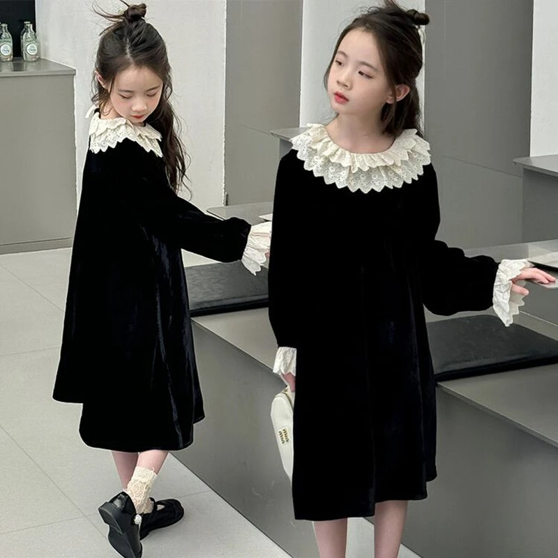 6-15Years Teenager Girls Long Sleeve Dress Children Full Princess Party Dress Big Girls Outfits Maxi Dress in Black 7 8 9 10 11