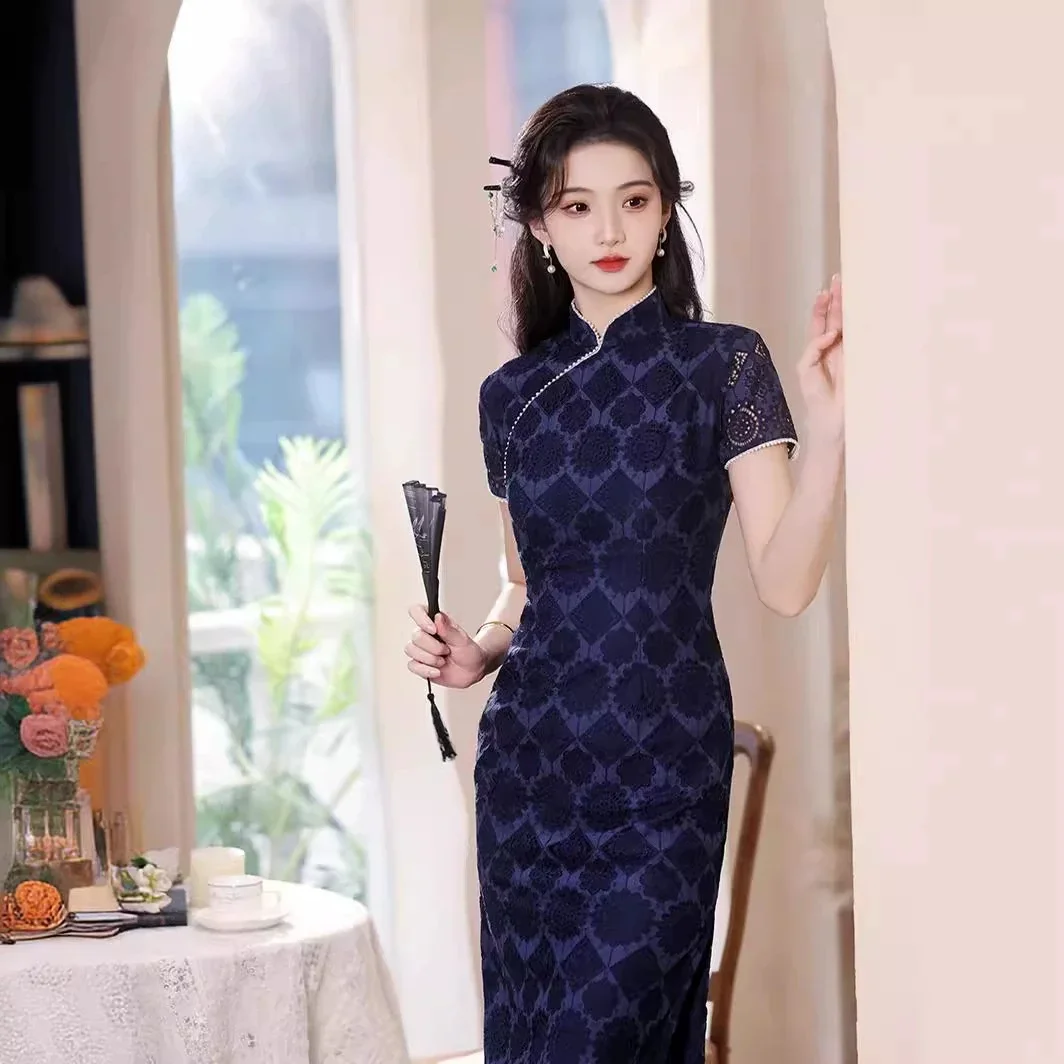 

2025 Spring/Summer New Lace Cheongsam Improved Retro Chinese Style Short Sleeve Daily Slimming Qipao Dress
