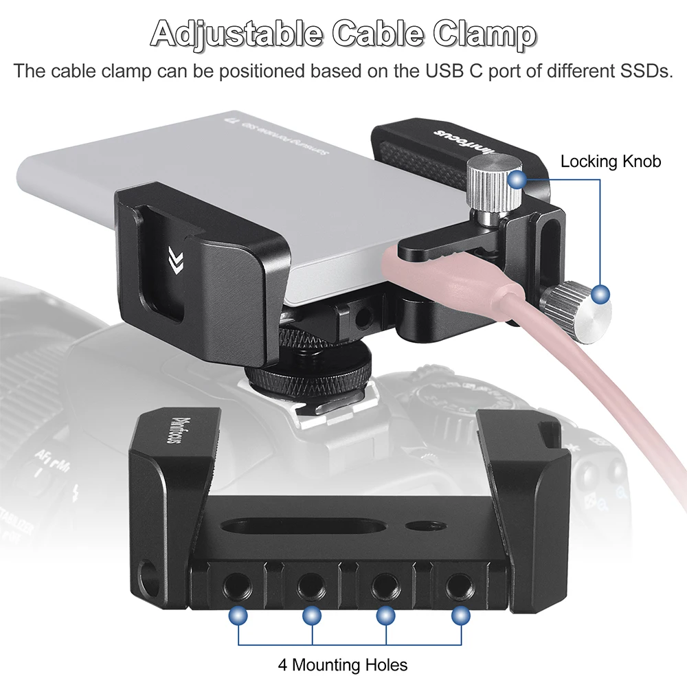 SSD Mount Bracket SSD Holder with Cold Shoe Cable Clamp for Samsung T5 T7 SSD SanDisk for Camera Hot Shoe BMPCC 4K 6K Pro Cage