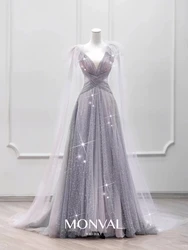 Luxury Purple Gray Evening Dresses Cape Shawl V Neck Sequined Pleated Crystal Arabic Dubai Wedding Party Formal Prom Gowns 2024