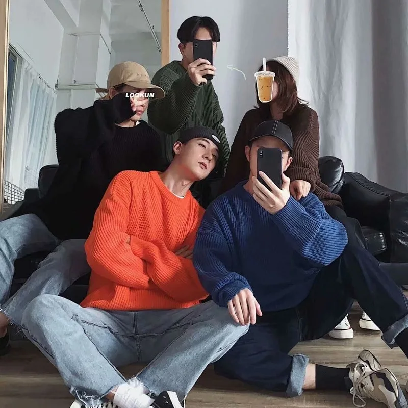 

Осенне-зимняя одежда, однотонный вязаный свитер с круглым вырезом, базовый слой, свободный универсальный толстый модный свитер в корейском стиле, мужское пальто