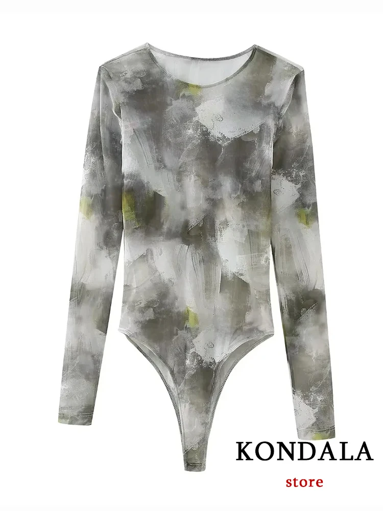 KONDALA Vintage Print Tie Dye Women Jumpsuit Fashion 2023 Autumn Long Sleeve Sheath Long Sleeve Women Top Holiday Soft Bodysuit