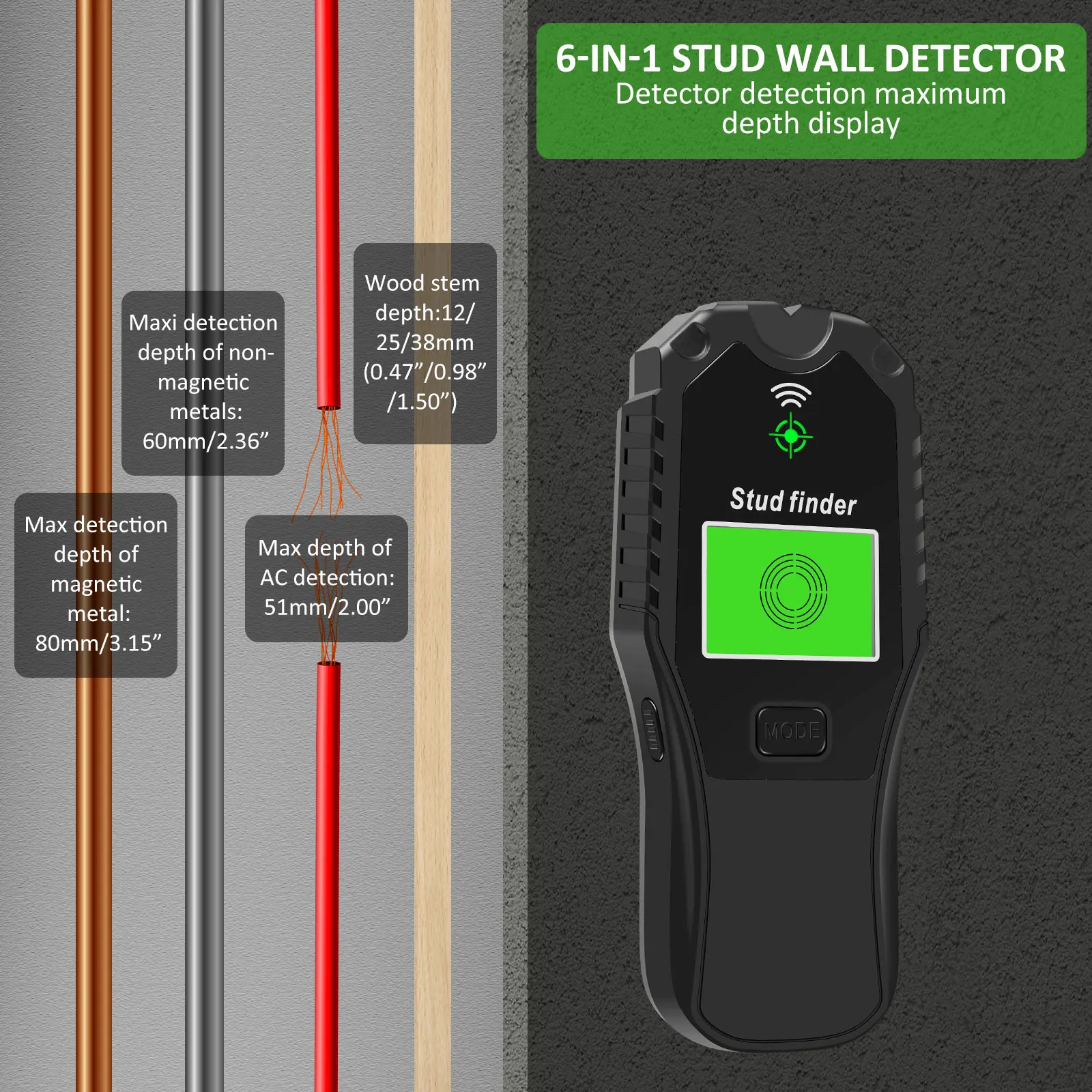 6 in 1 Metal Detector Wall Scanner w Audio Alarm for AC Live Cable Wires Metal Wood Stud Find Handheld Electric Wall Finder