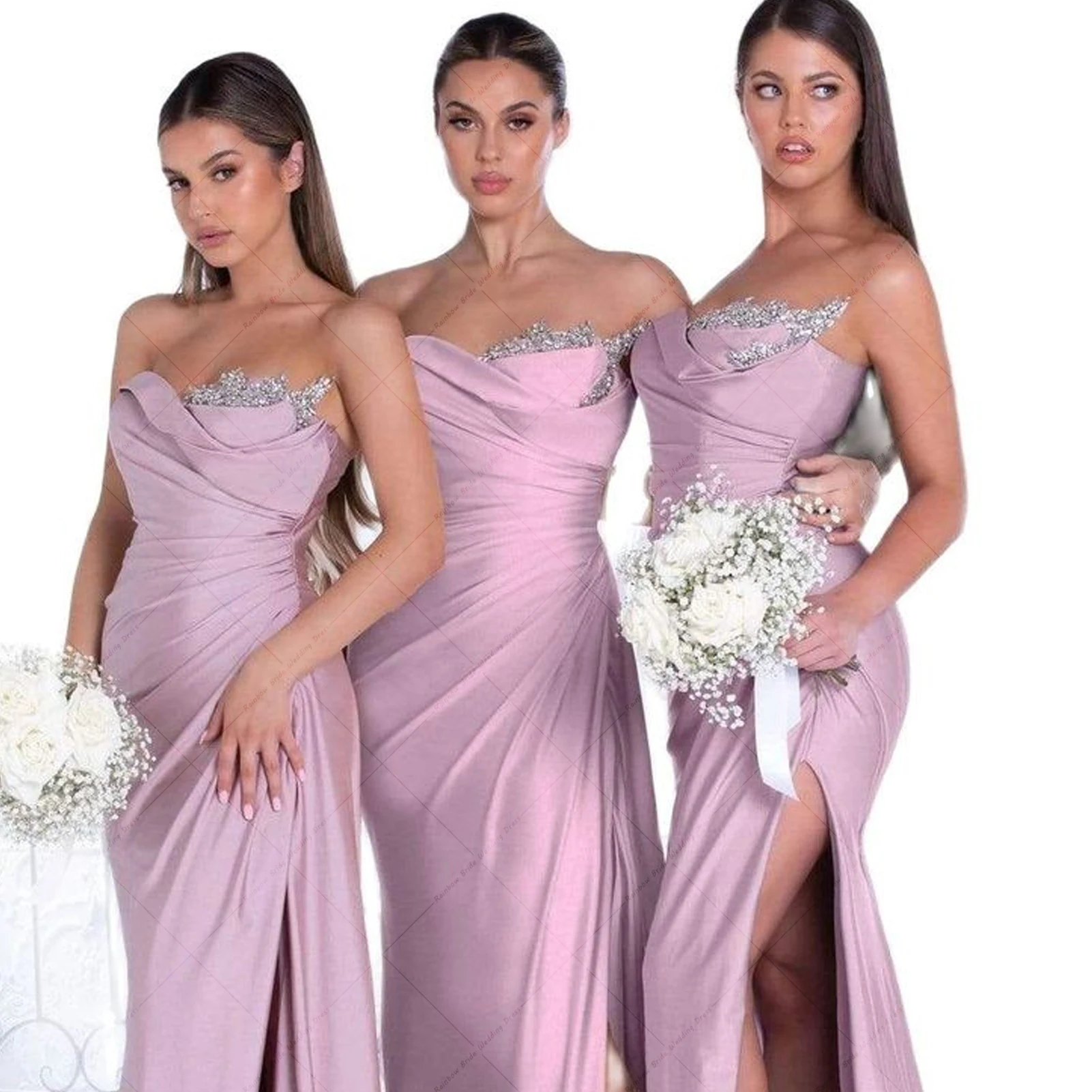 Sexy Sheath Strapless Wedding Party Gown Sleeveless High Side Slit Maid Of Honor Dresses With Crystal Bridesmaids Dress Train