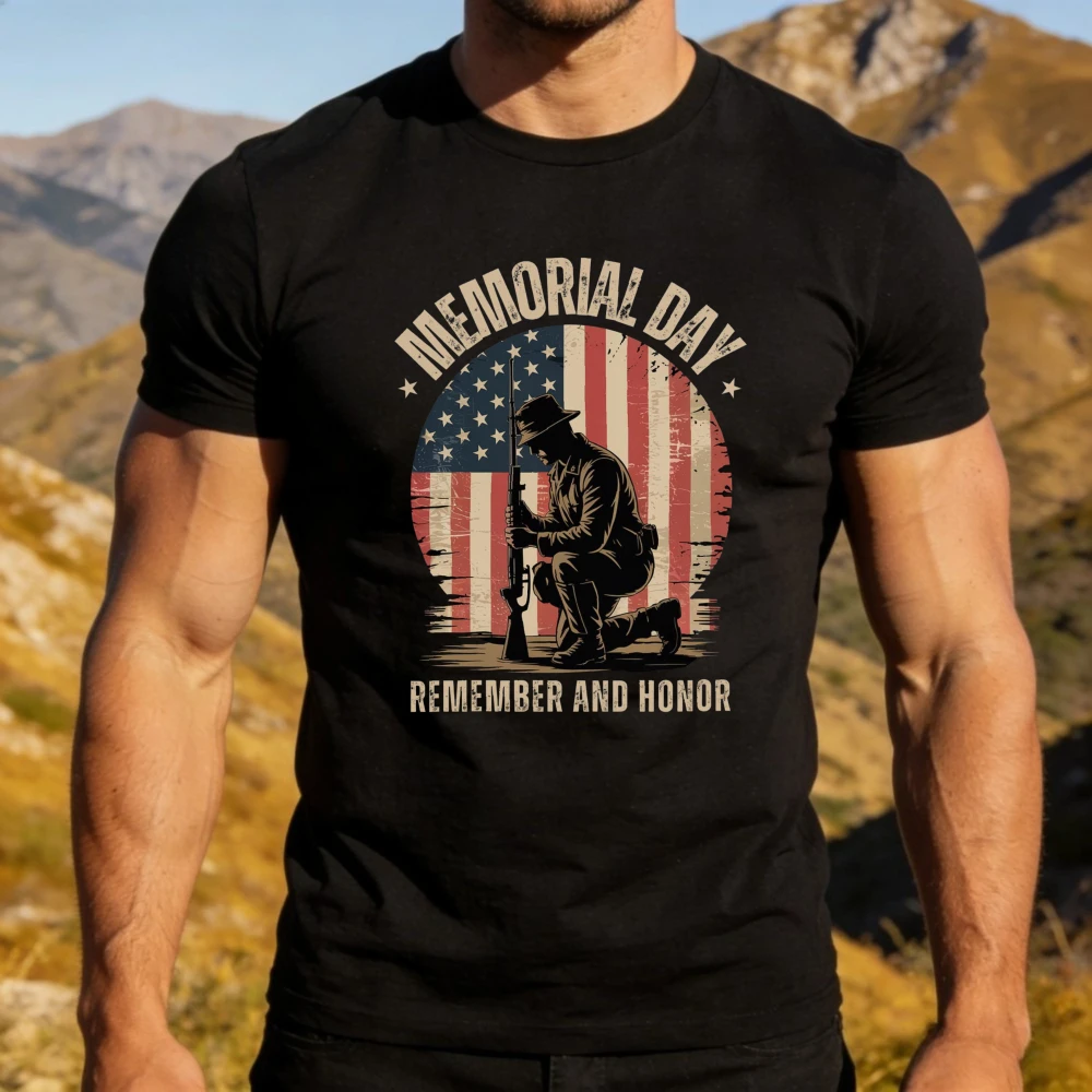 Memorial Day Remember and Honor Graphic Shirt Men Cotton Short Sleeve Vintage Flag Printed Memorial Day Remembrance Streetwear
