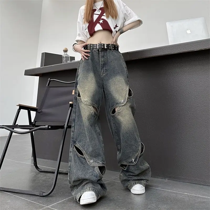 Hip Hop American Men and Women Trendy Summer Personalized Hollow Straight Leg Wide Leg Jeans Street Retro Loose Casual Pants