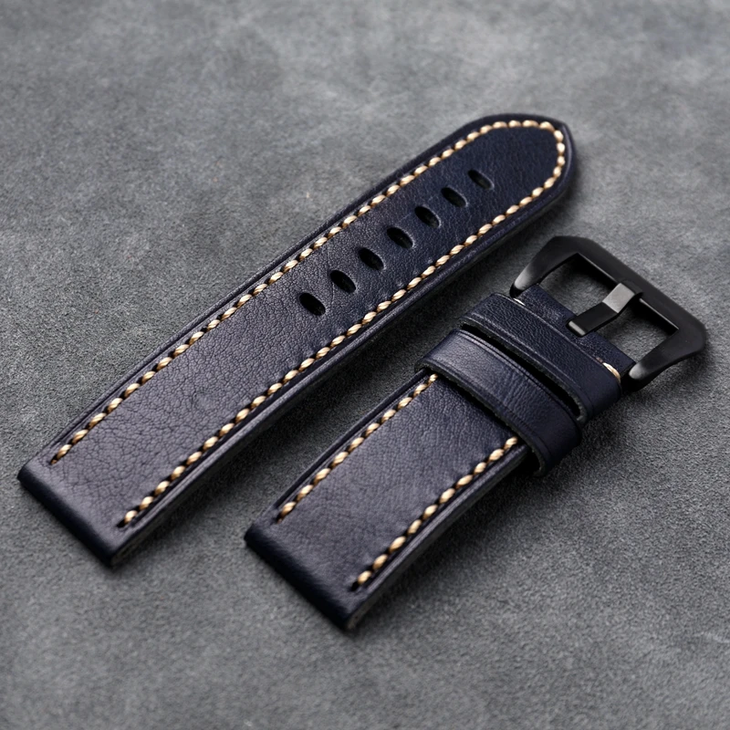 Head Layer Cowhide Leather Strap 22 24 26MM Navy Blue Folded Hand-Stitched Bracelet Suitable For Military Watches Bronze