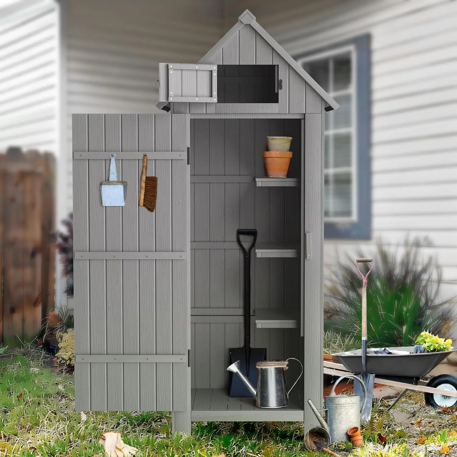 

Outdoor Storage Shed with Floor, Wooden Garden Tool Storage Cabinet, 70”Tall Water-Resistant Outhouse Kit for Deck, Patio