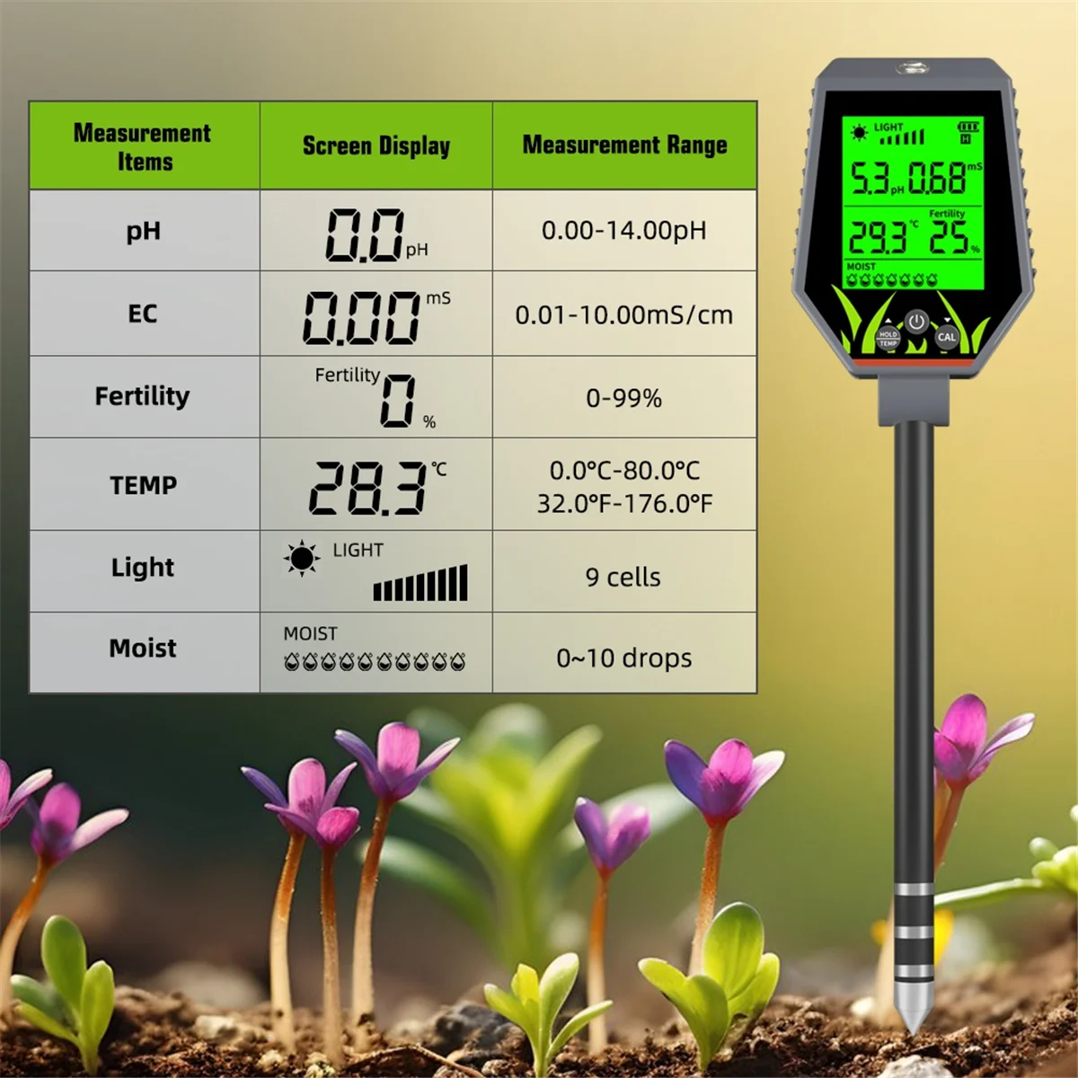 

Soil Detector Digital 6 in 1 Multifunctional Soil PH EC Meter Farm Garden Fertility Moisture Test Detector Sunlight Monitor
