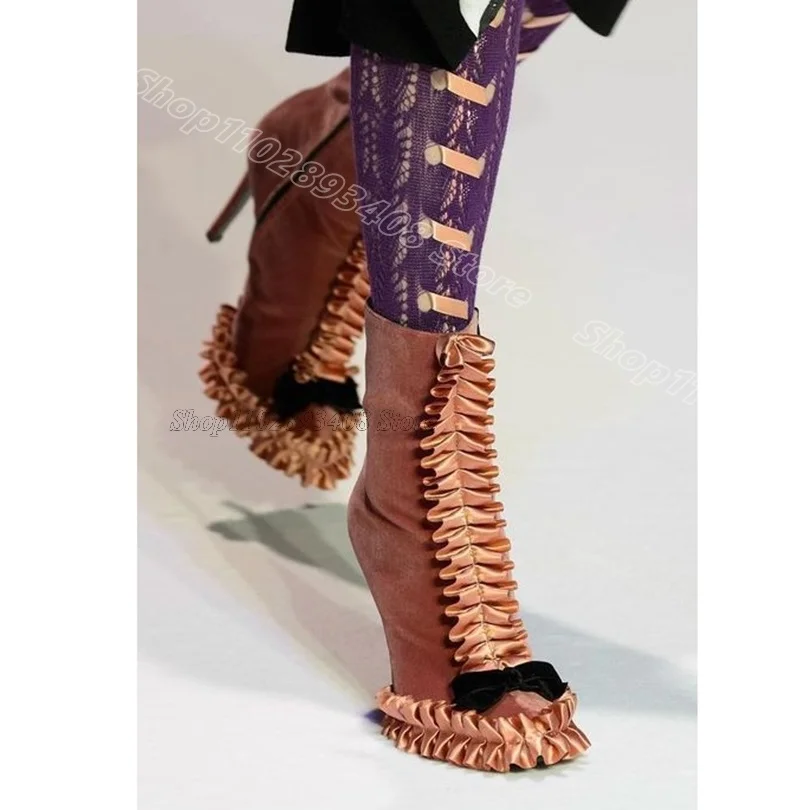 

Bowknot Trim Decor Flock Boots Round Toe Side Zipper Stiletto Dance Party Women Spring Elegant Ankle Boots Zapatos Para Mujere