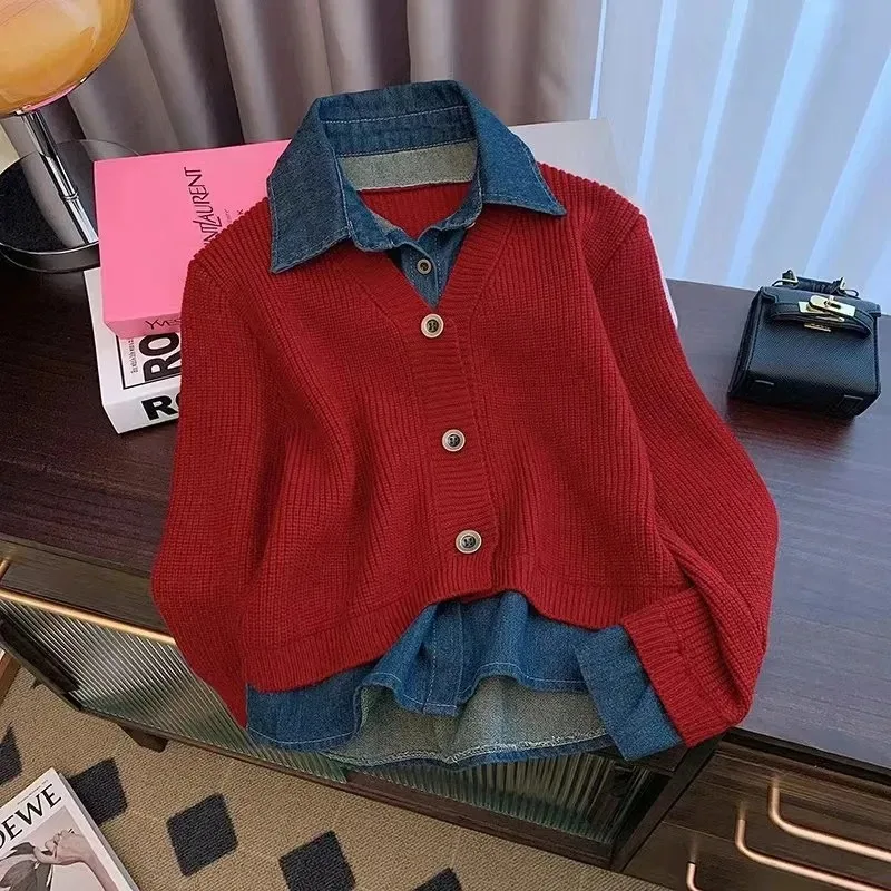 

Осень-зима 2022, новый ретро-поддельный двухсекционный вязаный кардиган, свитер, женская мода, джинсовое короткое пальто, женские повседневные топы