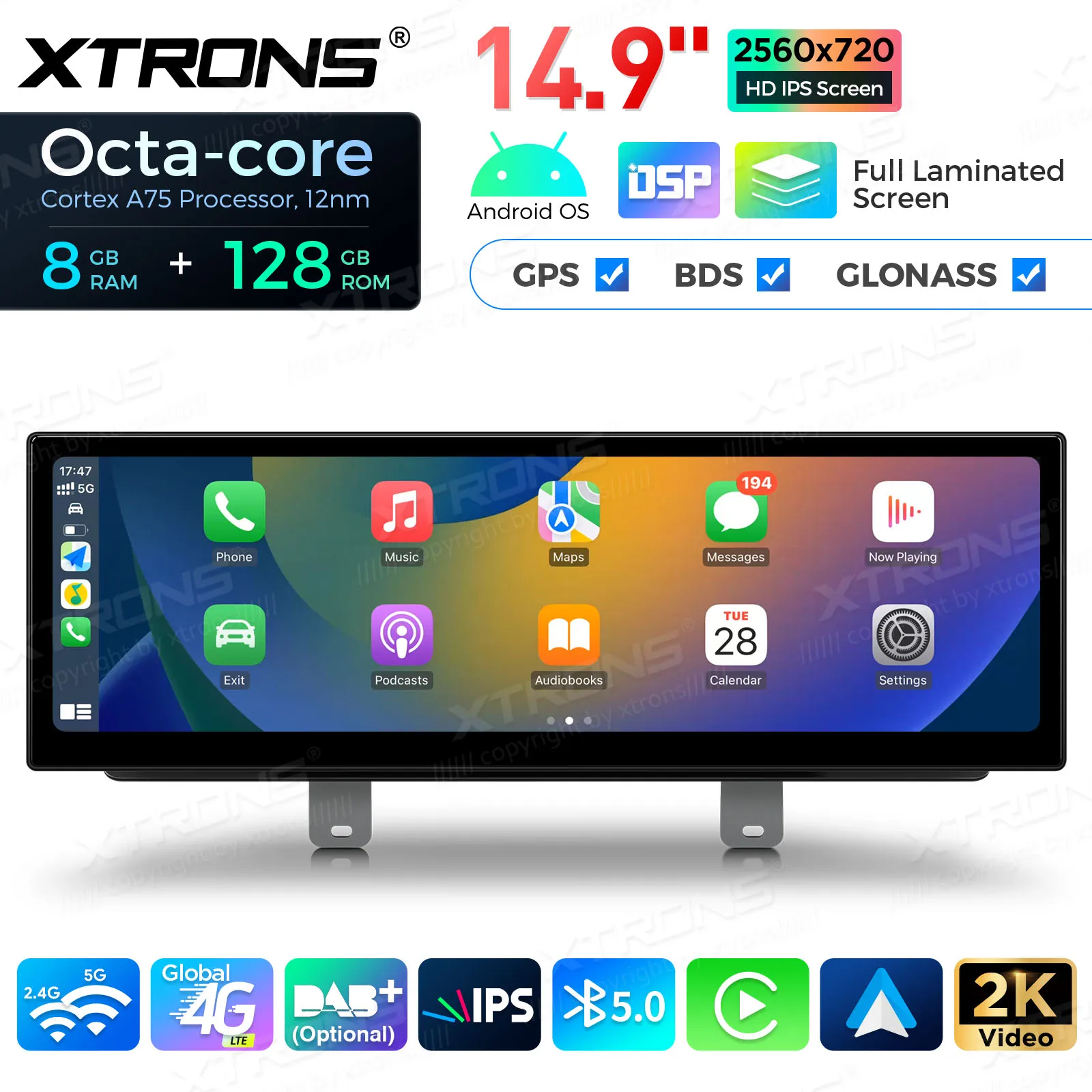 XTRONS 14.9 Android 14 autoradio voor BMW 5-serie G30/G31, EVO-systeem, model 2018, met CarPlay, automatische DSP, GPS en G+G-scherm.