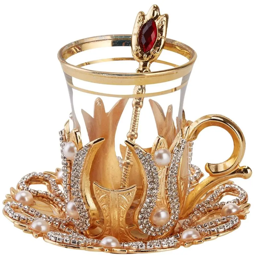 

Набор из 6 турецких чашек для чая и кофе с металлическими блюдцами, подставками и ложками, украшенные кристаллами и жемчугом, 24 предмета.