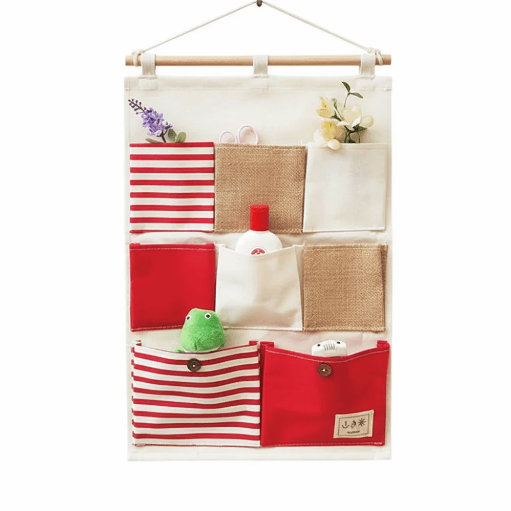 Linen Fabric Wall Hanging Storage Bag Wall Mounted Multi-Layer Pocket Storage Bag Multi-Pocket Design Durable