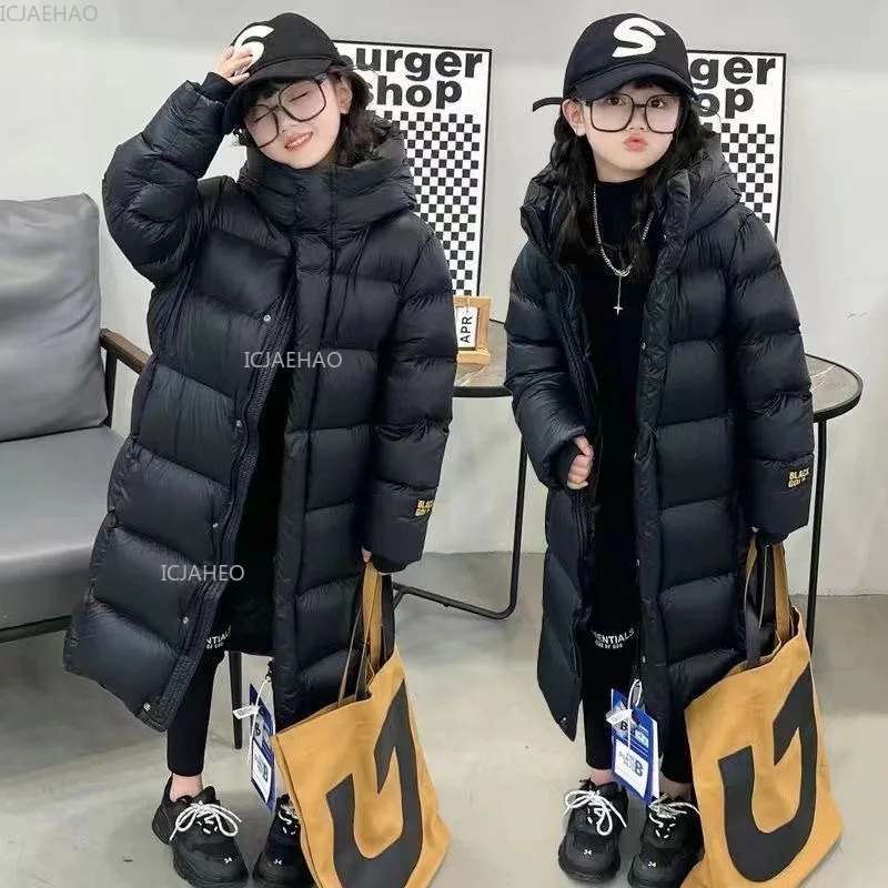 New Long Style Winter Fashion Warm Down Cotton Snowsuit Girls Jacket Glossy Waterproof Thick Hooded Parka For 4-12Y Kids Clothes