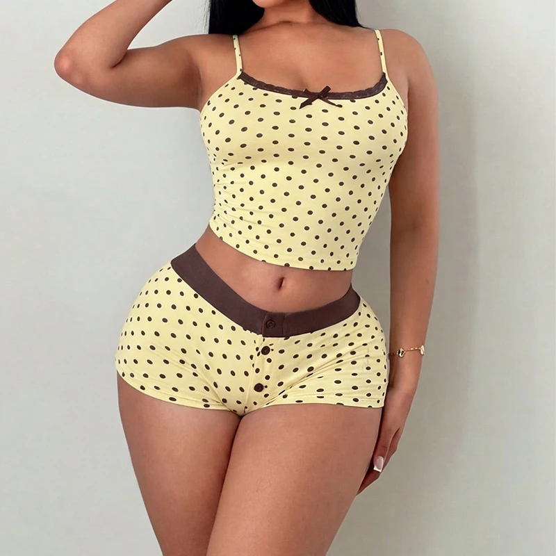 European and American Fashion Polka Dot Lace Camisole Hot Girl Vest Shorts Two-Piece Suit Can Be Worn outside Pajamas Ins Style