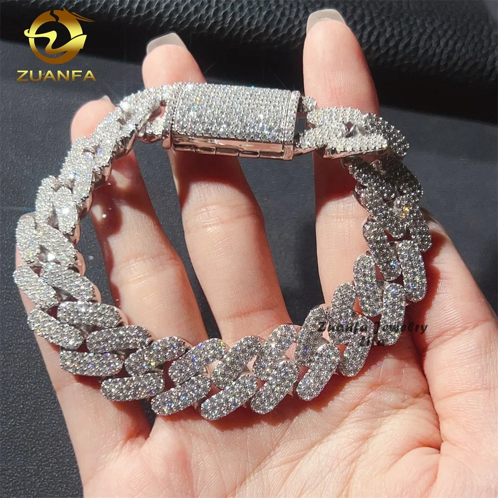 Hip Hop Style Iced Out 16mm Three Row 925 Silver Moissanite Cuban Link Chain Bracelet for Men