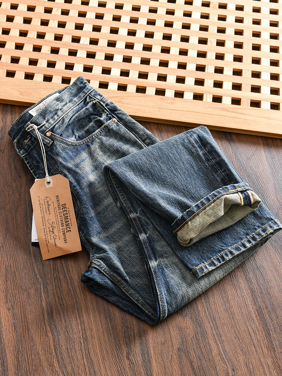 

High-End Cotton Straight Leg Men's Jeans American Casual Vintage Ameika Khaki Japanese Retro Autumn Trend Denim Pants