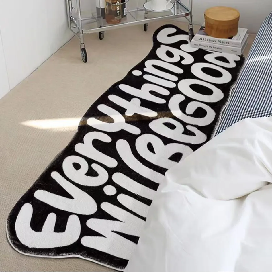 VIKAMA Black And White Letters Imitation Cashmere Strip Carpet Home Decoration Cooling Bedroom Bed Blanket Corridor Aisle Carpet